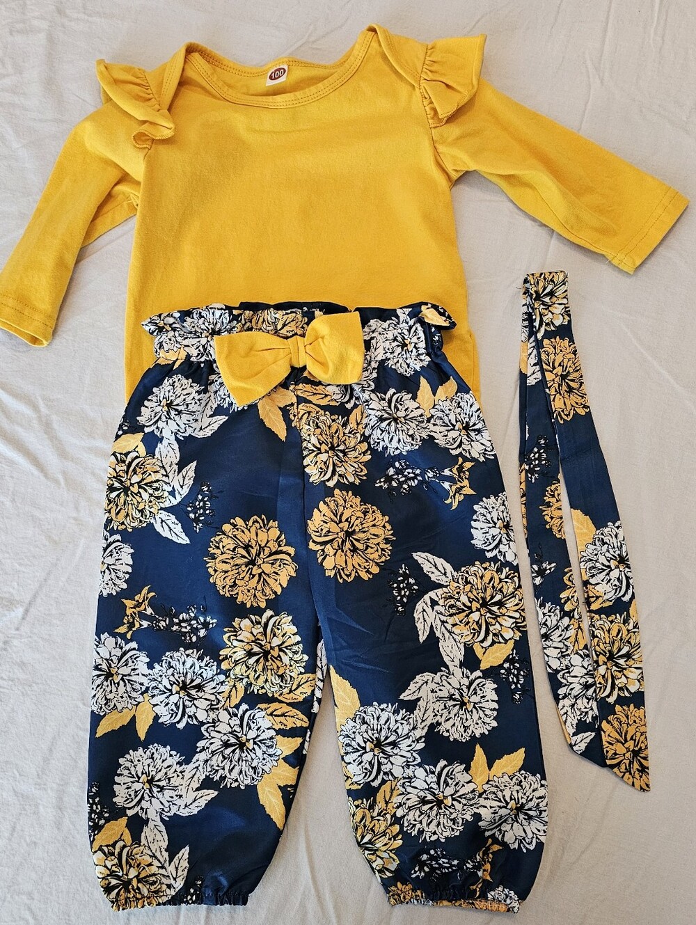Girls Yellow Ruffle Top with Navy Floral Bow Pants Set